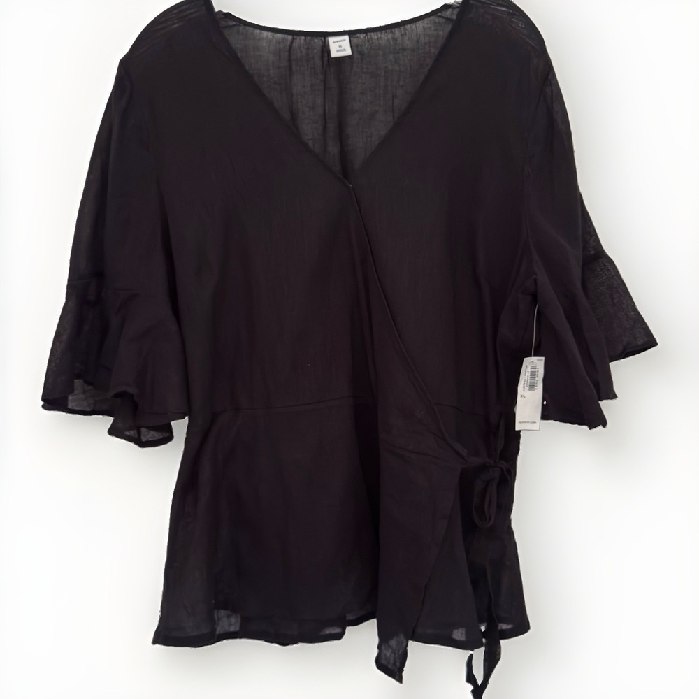 OLD NAVY Top Women XL Black Front Wrap Top Boho Cottagecore Festival Fairy NEW